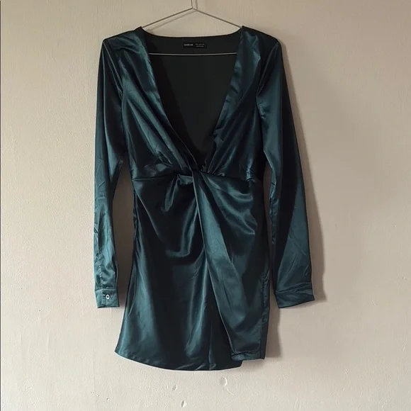 country road green floral dress Deep Green Cinched Long Sleeve Satin Dress – PinkBlush main image 0
